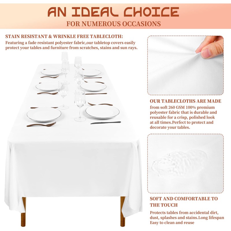 Showgeous White Tablecloths Rectangular Polyester Tablecloth for 6ft Rectangle Tables