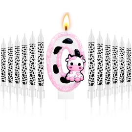 13 Pcs Cow Themed Birthday Candles - 0 to 9 Pink Cow Number Candle & Cow Print Candles, Cowgirl Theme Candle for Girls Birthday Party Decor, Holy Cow Im One Birthday Decorations (Number 0)
