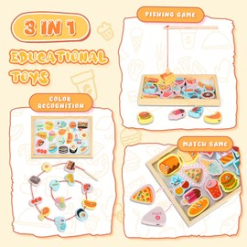 Threading Toys for 2 Year Olds Girls Boys, 3 in 1 Magnetic Fishing Montessori Toys for 2 3 Year Old Toddlers, Food Theme Stringing Lacing Bead Toys Educational Preschool Activities Toys Gifts