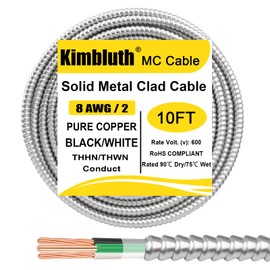 8/2 Metal Clad (MC) Cable with Ground 10ft, 8 Gauge Electric Wire with Aluminum Armor, Solid Bare Copper Conductors for Indoor Outdoor Underground Embedded Installation (8/2, 10 ft)