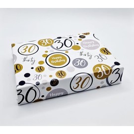 Party Angels 2 Sheets 30th Birthday Wrapping Paper Age 30 Birthday Gift Wrap Paper Male/Female Gold Black and Silver (PA)