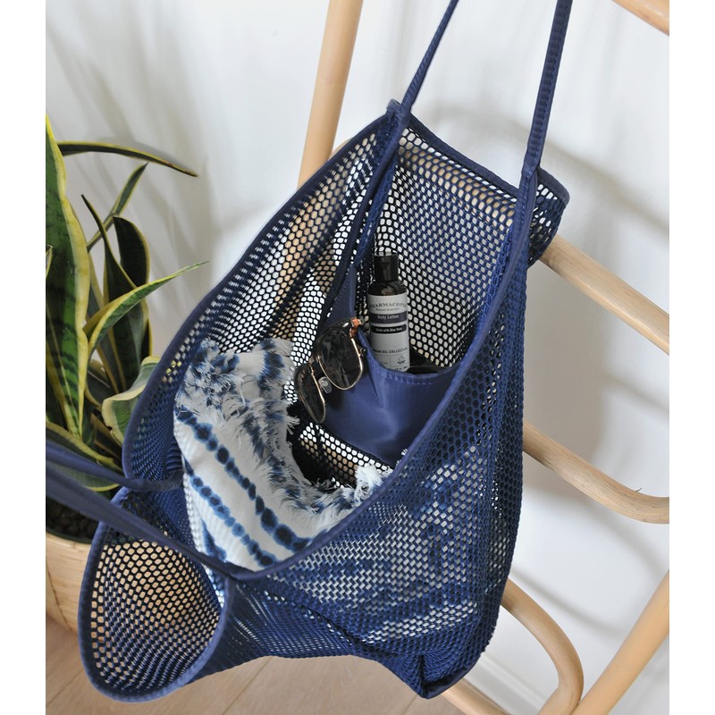 Hoxis Mesh Beach Tote Womens Shoulder Handbag, Dark Blue, L