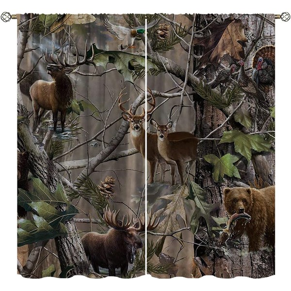 Wusihorld Camo Tree Blackout Curtains Home Decor,Forest Camouflage Wildlife Moose