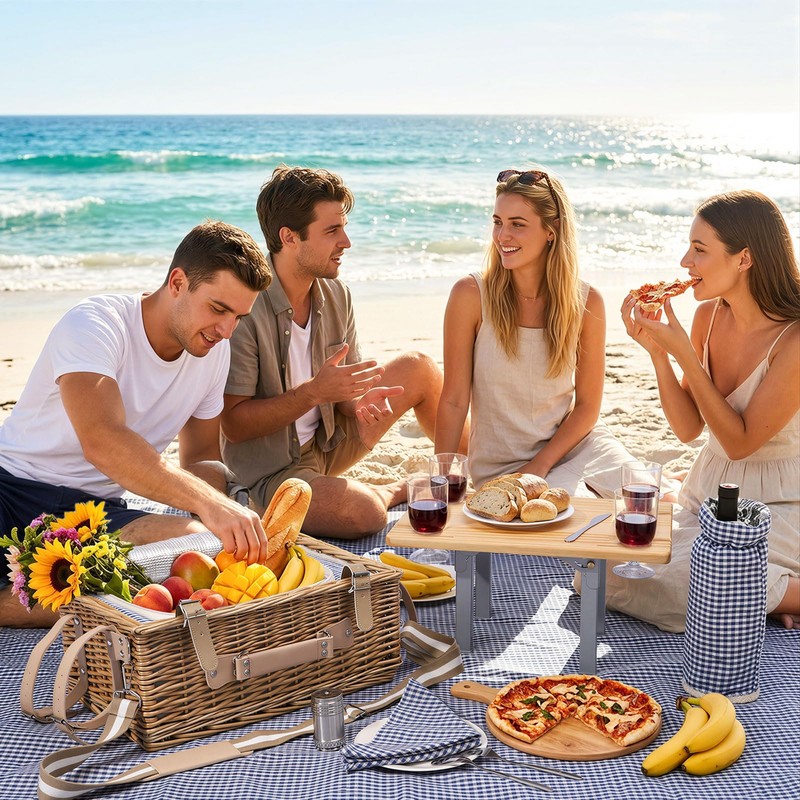 Wicker Picnic Basket Set for 4 with Detachable Table, Portable