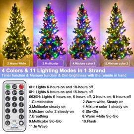 Decute Colors Changing Christmas Lights 4 Colors in 1 String Lights, 11 Modes 108FT 300LED Extendable Waterproof Indoor Outdoor Tree Fairy Lights Warm White & Multicolor with Timer Remote, Green Wire