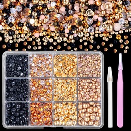 Flatback Pearls and Jelly Resin Rhinestones for Crafting, Multi Sizes Resin Rhinestones and Half Pearls for Bedazzling, Nail Art and Decoration with Tweezer and Pickup Pencil (Gold & Black)