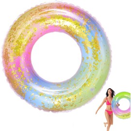 Inflatable Swimming Ring FaJoek Swimming Ring Adults Children Rainbow Sequins Swimming Ring Large Rainbow Swimming Ring Transparent Swimming Ring (Glitter Rainbow)
