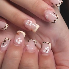 Fall Press on Nails Square Fake Nails Square French Tip Artificial Nails Glossy Acrylic Glue on Nails with Flower Leopard Designs Autumn Nails Press ons Pink False Nails Art for Girls 24Pcs