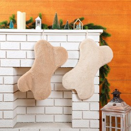 Hollowfly 2 Pcs Christmas Stockings 18.5 Inch Large Dog Bone Stockings Faux Fur Sherpa Xmas Pet Stocking Christmas Fireplace Hanging Stockings for Dogs Cats Christmas Holiday Party Decor(Beige Khaki)