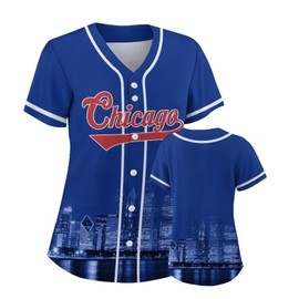 Women Baseball Jersey City Night Skyline Apparel Button Down Shirts Blue Sports Uniform Fans Gift for Adult Girls S-2XL