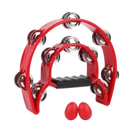 Tambourine Musical Instrument for Adults - 10 Inch Tambourines Half Moon with Egg Shakers Double Row Metal Jingles Handheld Percussion Instruments for Church Dance Party Events KTV (Red)