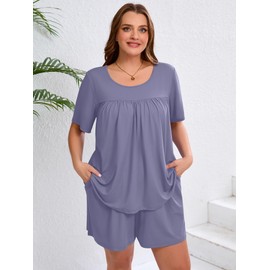 AusLook Women's Plus Pajama Sets 2 Pieces Short Sleeve Top and Shorts Sleepwear Scoop Neck Pjs Soft Lounge Set with Pockets Purple Gray 1X