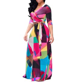 Locryz Women's V Neck 3/4 Sleeve Digital Floral Printed Party Loose Long Maxi Dress with Belt S-3XL (L, Red)