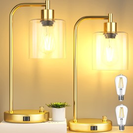 CNXIN 16.5" Gold Industrial Table Lamps for Bedrooms with 2 USB Ports, Fully Stepless Dimmable Modern Nightstand Lamps Set 2, Small Lamps for Living Room Side Table, Bulbs Included