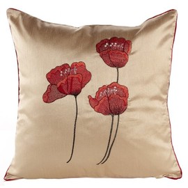 Poppies Cream & Red Piped Faux Silk 18" Cushion Cover