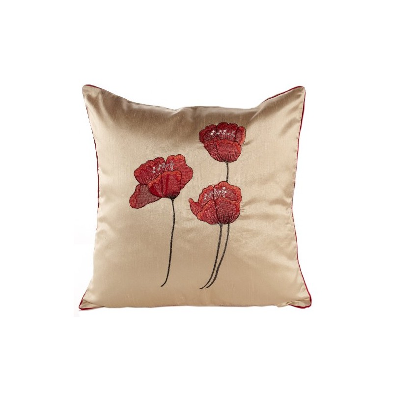 Poppies Cream & Red Piped Faux Silk 18" Cushion Cover