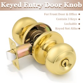 Probrico 3 Pack Entrance Door Knobs Door Lock Keyed Not Alike Lockset Polished Brass Round Ball Entry Door Knobs and 3 Keys