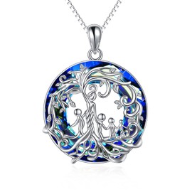 TOUPOP Mother and 4 Daughter/Son Tree of Life Necklace Sterling Silver Family Tree Pendant Necklaces with Blue Crystal Jewelry Gifts for Women Mom Birthday Christmas Mothers Day