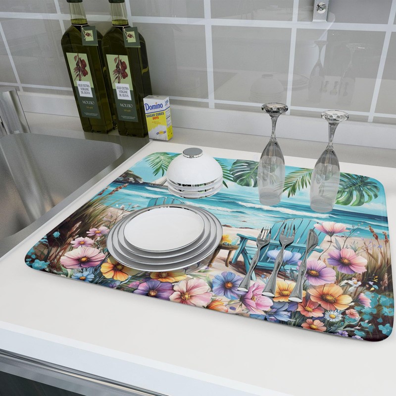 Spring Summer Sea Chair Dish Drying Mat for Kitchen Counter,Coastal
