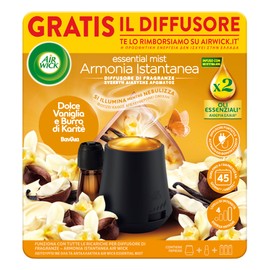 Airwick Armonia Istantanea Profumatore per Ambienti, Confezione con 1 Diffusore di Oli Essenziali e 1 Ricarica per Diffusore di Oli, Fragranza Dolce Vaniglia e Burro di Karitè, Il colore può variare