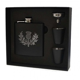 Art Pewter Scottish Thistle Clan Crest Black Hip Flask Box Set