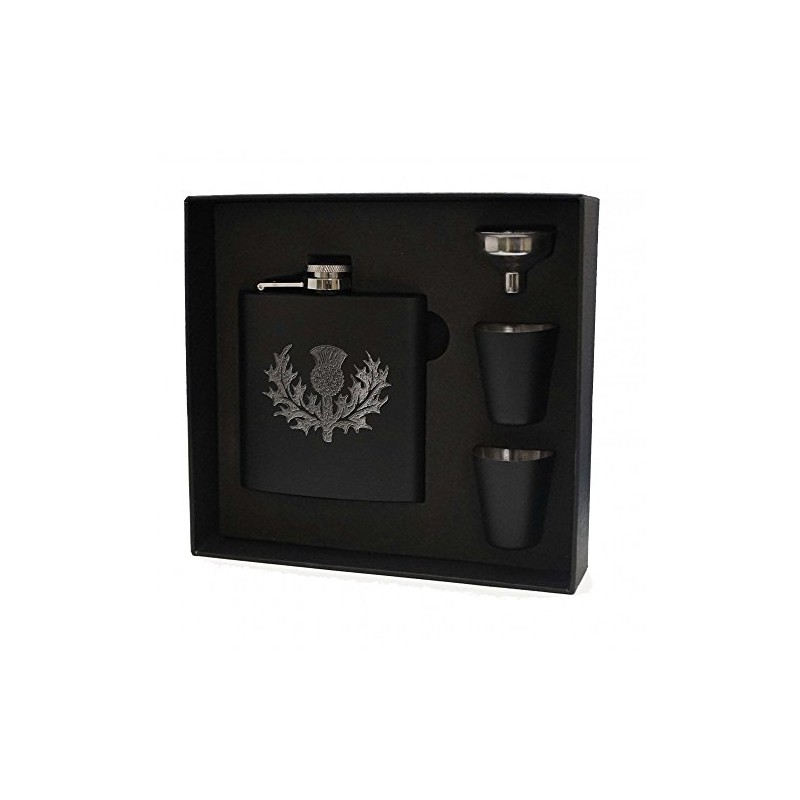 Art Pewter Scottish Thistle Clan Crest Black Hip Flask Box