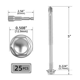 25 PCS #14 x 5 Hex Washer Head Self Drilling Screw, 410 Stainless Steel Fast Self Tapping Screws, Flanged Hex Sheet Metal Screws, Hex Bit Socket Included