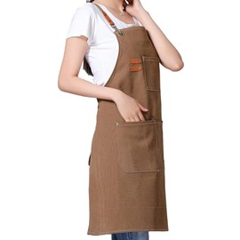 Kitchen Thicken Canvas Apron with Adjustable Straps and Large Pockets, Cooking Baking Bib Apron, Apron Suitable for Painting Pottery Ceramics (Coffee, 72 CM)