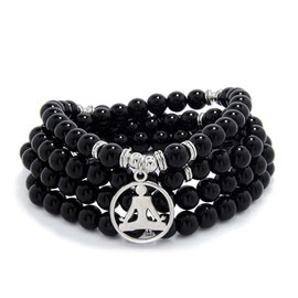 Yoga Charm 108 Mala Zen Buddha Beads Bracelet Necklace for Men or Women (Black Agate)