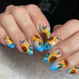 Enppode Almond Press on Nails Long Fake Nails Blue Nails French Tips Nails with Sunflowers Design Glossy Nails for Women 24 PCs