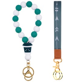 BIHRTC Silicone Key Ring Bracelet Beaded Wrislet Keychain Portable House Car Keys Ring Holder with Retractable Badge Reel Nylon ID Lanyard Elastic Keyring Bangle for Women Key Chain