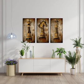 VANSEEING 3 Pieces Chess Canvas Wall Art Vintage King and Knight Painting Prints Artwork for Wall Decor Game Picture for Chess Club Guest Room Home Office 16x32inchx3pcs