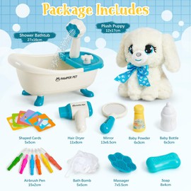 Toylink Dog Toy Children, Dog Cuddly Toy with Push Water Bath & Washable Colouring Pencils, Creative Gift Girls 4 5 6 7 8 Years for Birthday Christmas