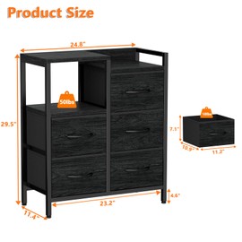 Furnulem 5 Drawer Black Dressers for Bedroom 2 Tier Shelf Storage Small Fabric Dresser for Closet Sturdy Metal Frame Modern Style Storage Cabinets Organization Units for Hallway Rooms