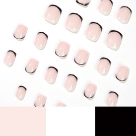 Short French Tips Press On Nails, Black White Fake Nails with Design Square Nude Acrylic False Nail Kits Stick Glue on Nails Sets for Women Reusable Full Cover Gel Nails for Holiday Gift 24Pcs