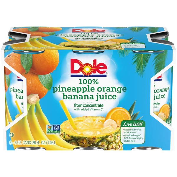 Dole Pineapple, Orange & Banana Juice, 6 Ounce Can (Pack of 6), Pineapple Juice in Individual-Serving Cans, Great for Smoothies Drinks Marinades Desserts and More
