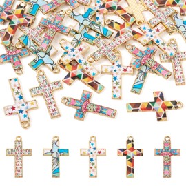 Craftdady 30Pcs 29x17mm Alloy Mosaic Style Cross Pendant Charms Assorted Enamel Cross Pendants Colorful Pattern Charms Golden Tone Plating Pendants for DIY Earring Necklace Bracelet Jewelry Making