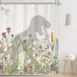 LGhtyro Dinosaur Wildflower Kids Shower Curtain Bathroom Set 60Wx71H Inches Funny Dino Silhouette Floral Rustic Plant Leaves Botanical Bath Accessories for Boys Art Home Decor Fabric 12 Pack Hooks