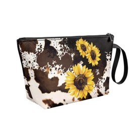 Viewamoon Western Cow And Sunflower Makeup Bag for Women Boho Floral Hanging Travel Toiletry Bag Leather Waterproof Portable Cosmetic Makeup Brush Holder Lipstick Purse Birthday Valentine Day Decor