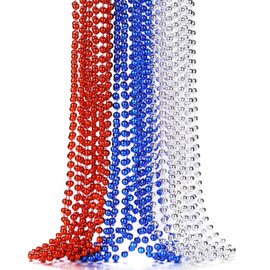 JoyGala Patriotic Decorations Bead Necklaces Set - 4th of July Decor Accessories - Ideal Mardi Gras Party Decorations for Everyone, Independence Day Beads Necklace for Parade Throws (12, Red&Blue&Silver)