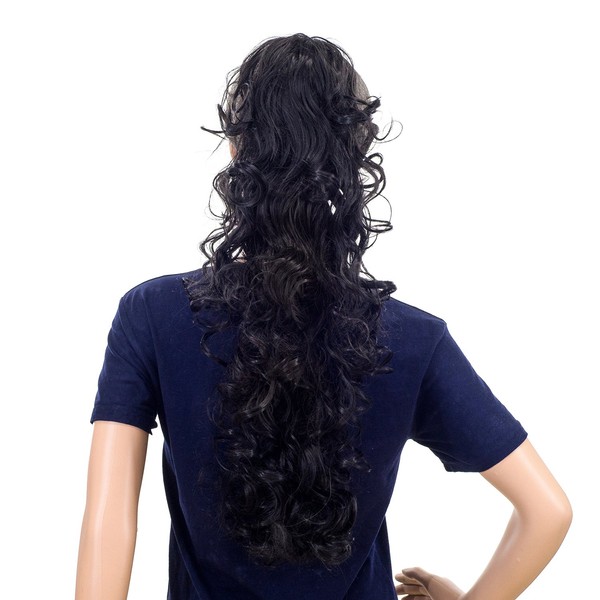 SWACC 24-Inch Long Messy Curls Claw Clip Ponytail Extensions Synthetic Clip in Drawstring Curly Ponytail Hairpiece Jaw Clip Hair Extensions (Off Black-1B#)