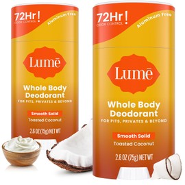 Lume Desodorante para Todo El Cuerpo - Barra Sólida Suave - Control de Olor de 72 Horas - Libre de Aluminio, Libre de Bicarbonato y Seguro para La Piel - 2.6 Onzas (Paquete de 2) (Coco Tostado)