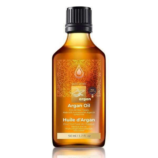 Gold Series Argan Oil for Hair Serum For Hair Stimulate Growth for Dry and Damaged Hair, 100% Argan Oil for Hair Moisturizing Adds Shine and Gloss (1.7 Fl.oz)