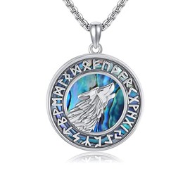 YAFEINI Wolf Necklace 925 Sterling Silver Abalone Shell Viking Wolf Pendant Necklace Viking Jewellery for Women Men