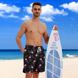 Board Shorts for Men Pink Flamingo Bathing Suits Mens 7" Long Swim Shorts with Boxer Brief Liner Man Black Palm Beach Shorts Surfting Running Stretch Shorts Large