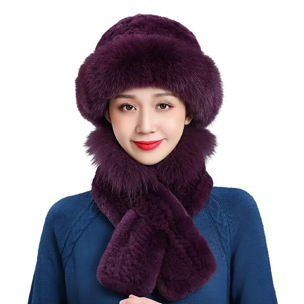 Women Winter Faux Rabbit Fur Trimmed Cloche Hat with Scarf