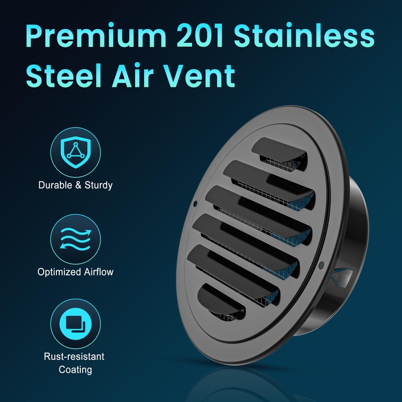 HG Power 4 Inch Black Soffit Vents, Stainless Steel Air