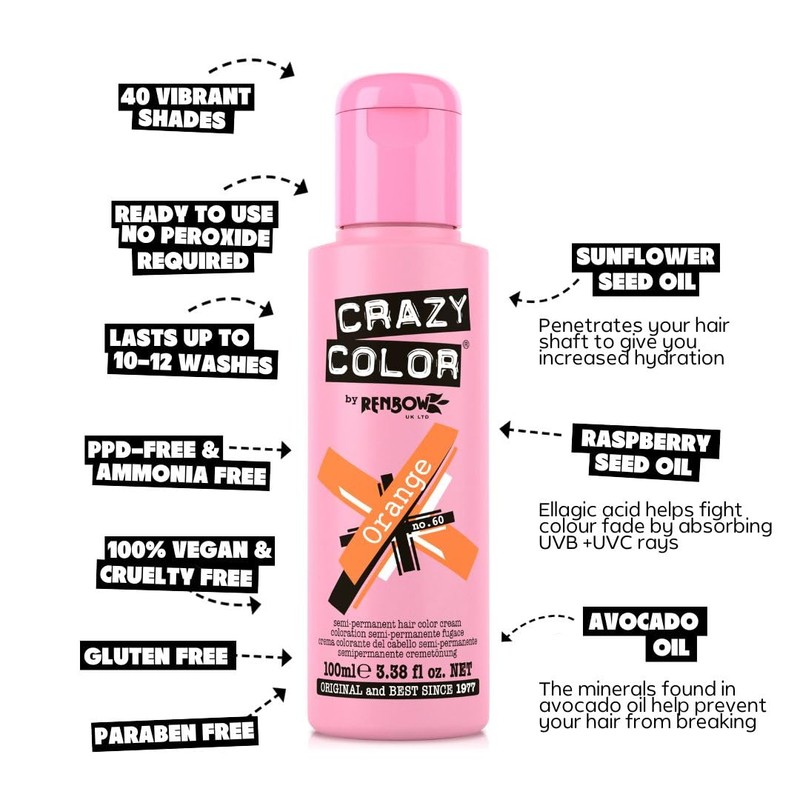 Crazy Color Vibrant Orange Semi-Permanent Hair Dye. Highly Pigmented Vibrant