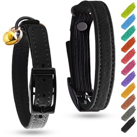 Leather Cat Collar with Bell & Elastic Strap - Pet Collar Leather - Leather Kitten Collar - Cats Small and Big Cat Collar for Boy Cats, Girl Cats with Safety Elastic Strap (Black, 6" - 8")