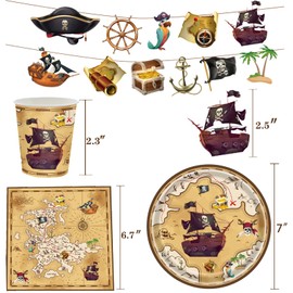 Doyomtoy Pirate Theme Party Tableware Set, Pirate Children's Birthday Decoration, 61 Pieces Pirate Tableware Set, Party Plates, Paper Cups, Tissue Paper, Pull Flags